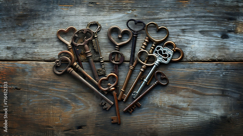 A collection of antique keys arranged in the shape of a heart on a weathered wooden surface, symbolizing the unlocking of emotions