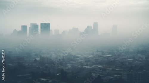 An atmospheric image of a cityscape enveloped in mist, with obscured buildings creating a moody and mysterious urban environment.