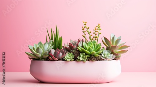 The image shows a colorful and diverse arrangement of succulents in a sleek white container  set against a soft pink background  symbolizing growth and vitality.