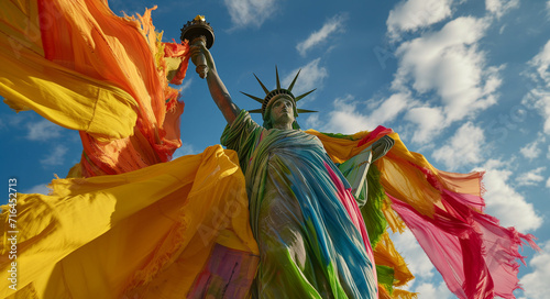 the statue of liberty is decorated with colorful cloth