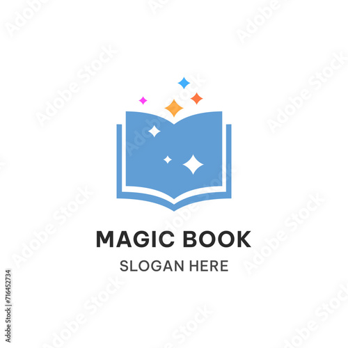 Magic book logo concept. Open book and stars vector illustration