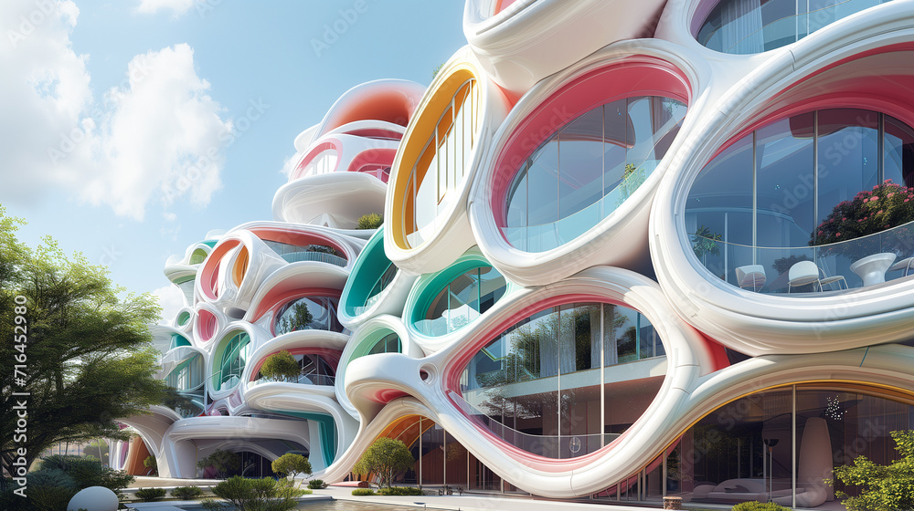 Colourful Geometric Architecture. Smart Sustainable Building, Organic Forms, Bioarchitecture. Modern Resort with Eco-friendly Breathing Facade Design, Luxury Lifestyle Accommodation, Innovative Hotel.