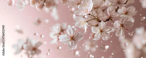 A collection of delicate cherry blossoms gently floating on a soft breeze against a pale pink background, conveying a sense of fleeting beauty.  © thisisforyou