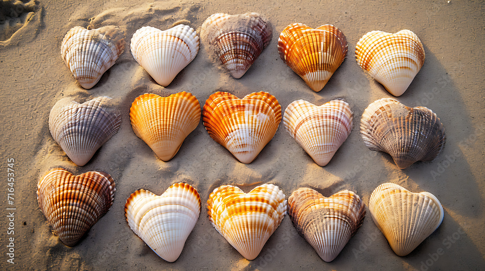 A collection of heart-shaped seashells arranged on a sandy beach, capturing the beauty of love by the sea