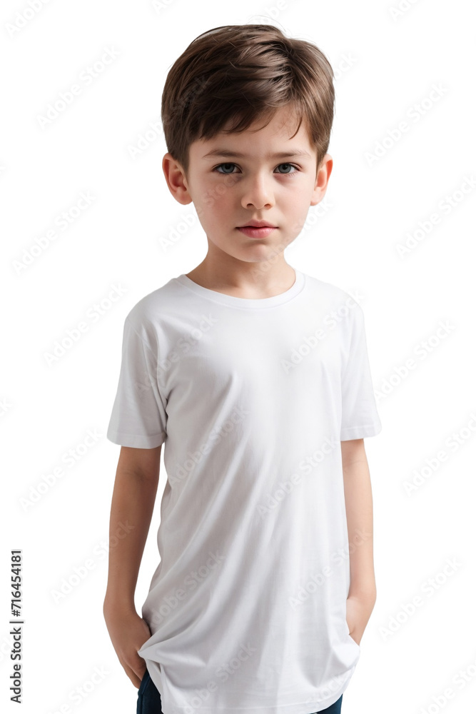 Sad little boy wearing a white t-shirt and looking at the camera. Sad or unsatisfied face. isolated, transparent background, no background. PNG. Sad little boy wearing a white t-shirt and looking at the camera. Sad or unsatisfied face. isolated, transparent background, no background. PNG.