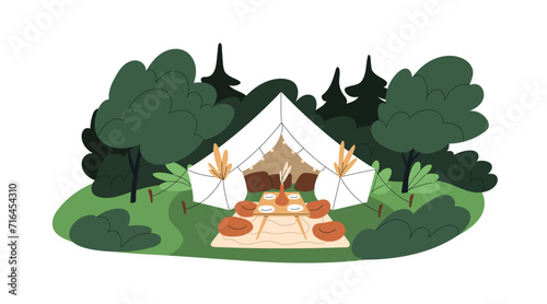 Summer glamping, holiday camping with comfortable tent, table outdoors in nat...