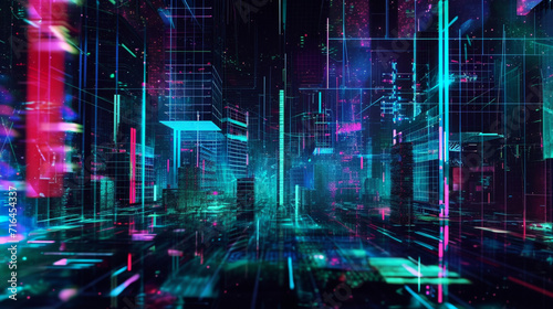 Digital Pixel Noise Glitch Art Effect On The City In Space With Neon Lights. Copy paste area for texture. Fantasy background