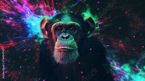 Digital Pixel Noise Glitch Art Effect On The Monkey In Space With Neon Lights. Copy paste area for texture. Fantasy Animal background.