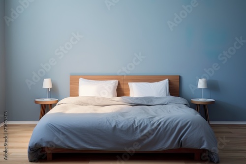 Minimalist double blue bedroom with bay window