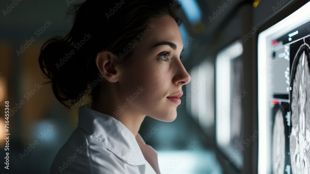 Confident Female Neurologist, Neuroscientist, Neurosurgeon, Looks at TV ...