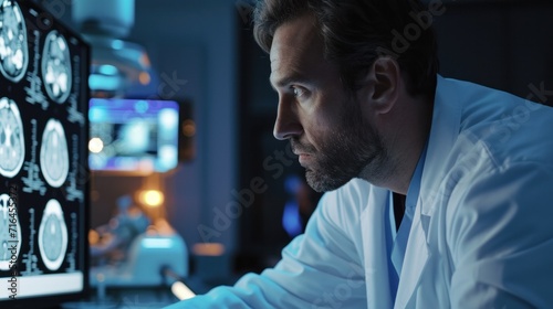 Confident Male Neurologist, Neuroscientist, Neurosurgeon, Looks at TV Screen with MRI Scan with Brain Images, Thinks about Sick Patient Treatment Method. Saving Lives, Medical Science Hospital photo