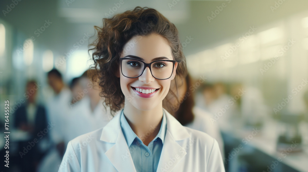 Fototapeta premium A beautiful young woman scientist wearing white coat and glasses in modern Medical Science Laboratory with Team of Specialists on background.