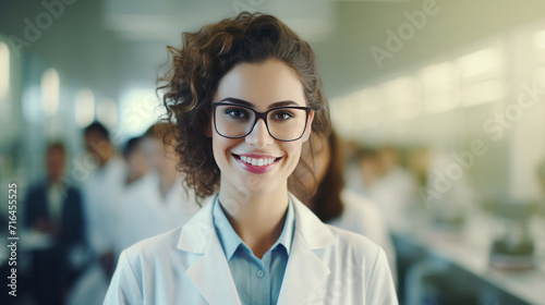 A beautiful young woman scientist wearing white coat and glasses in modern Medical Science Laboratory with Team of Specialists on background.