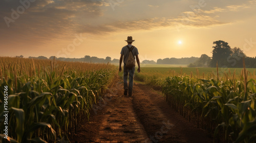 A farmer walking through corn field at dawn  grain silo in the distance  Agriculture concept.