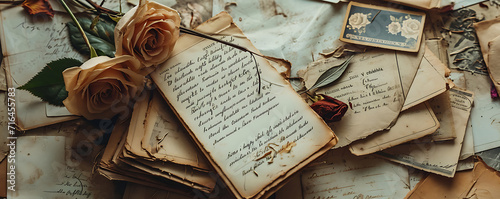A composition of aged love letters, dried flowers, and vintage postcards, evoking a sense of timeless romance. photo