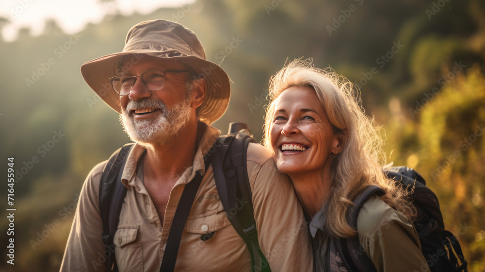 A happy senior couple tourists and travellers hiking in nature.
