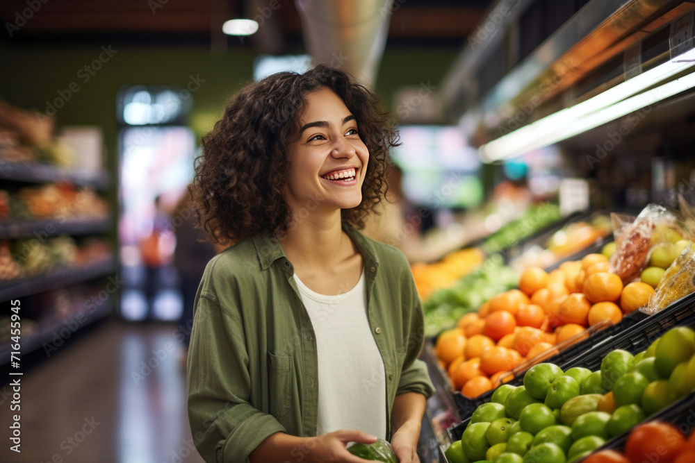A happy woman shopping for groceries fruits and vegetables in a grocery supermarket store aisle.