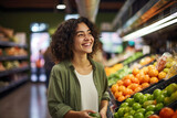 A happy woman shopping for groceries fruits and vegetables in a grocery supermarket store aisle.