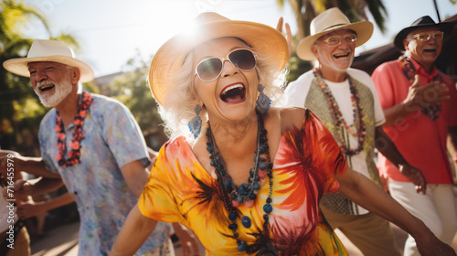 A joyful group of seniors showing vitality while dancing, highlights companionship and active lifestyle in retirement, retired lifestyle.