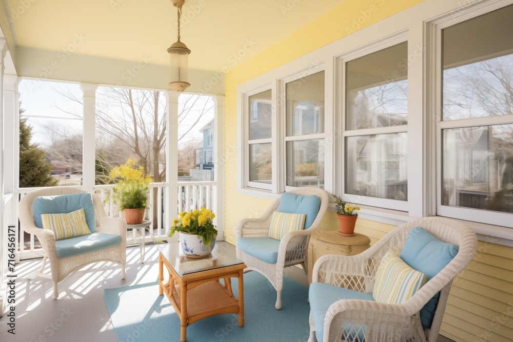 Fototapeta premium sunlit cape cod porch with wicker chairs