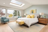 master suite with corner windows and modern decor