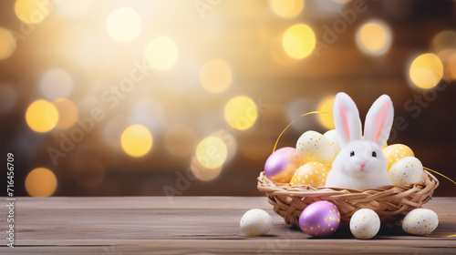 Bright white rabbit in a basket on a blurred background. Symbol of Easter holiday.