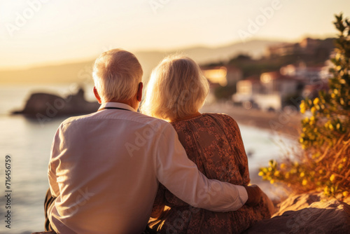 A senior couple relaxing together near the sea.