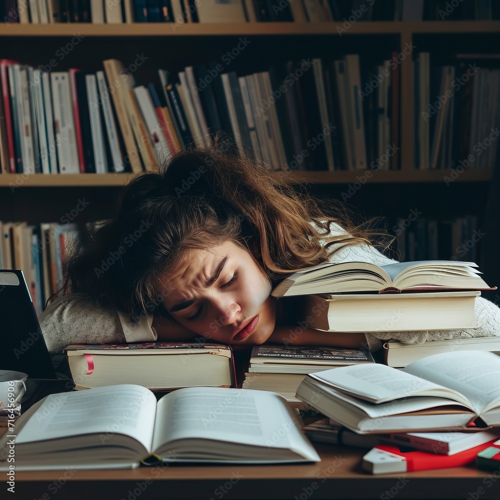 Girl Sleeping on Table With Books, Comfy Study Session Girl Sleeping on Table With Books, Comfy Study Session