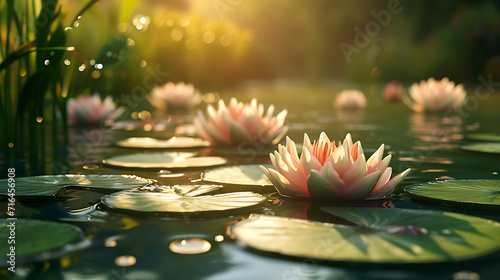 A composition of floating water lilies on a tranquil pond under a warm sun  creating a serene and idyllic scene