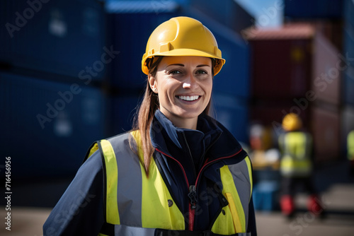 A smiling female logistics coordinator managing harbor operations, surrounded by shipping containers, ensuring efficient and timely delivery of cargo.
