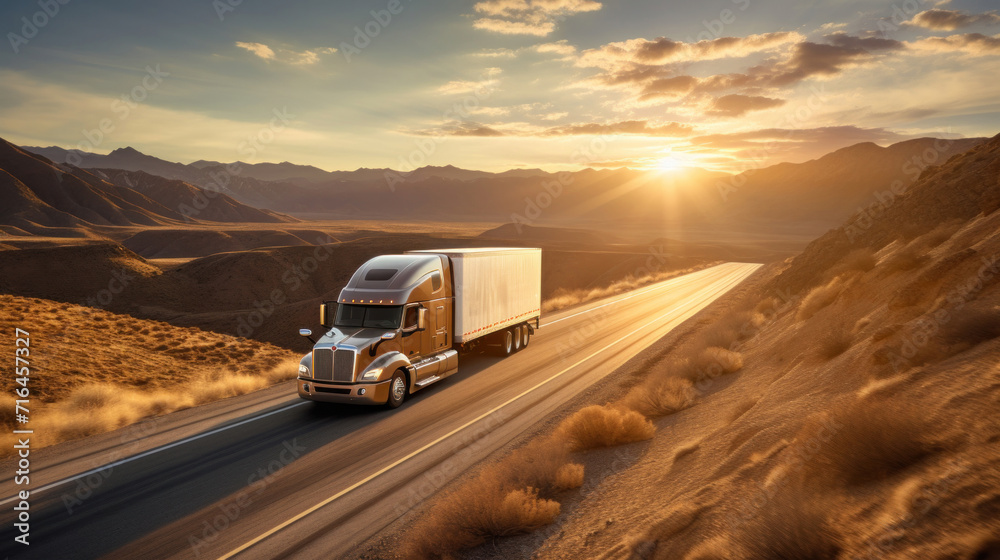 A transport semi-truck effortlessly crossing the expansive terrain of the southwest United States, a representation of logistics, freight, and delivery.