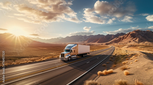 A transport semi-truck effortlessly crossing the expansive terrain of the southwest United States, a representation of logistics, freight, and delivery. © Wararat