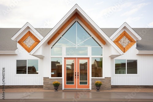 reflective windows on a gabled farmhouse entrance