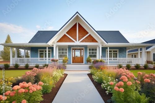 farmhouse with flower beds by the gabled entry