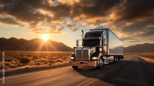 A transport semi-truck effortlessly crossing the expansive terrain of the southwest United States, a representation of logistics, freight, and delivery.