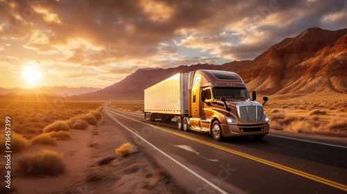 A transport semi-truck effortlessly crossing the expansive terrain of the southwest United States  a representation of logistics  freight  and delivery.