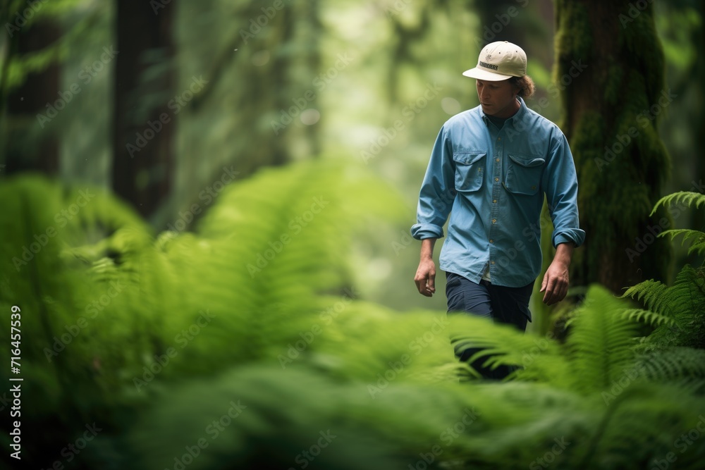forester walking through a lush green forest