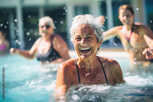 Active senior women enjoying aqua fit class in a pool, retired lifestyle.