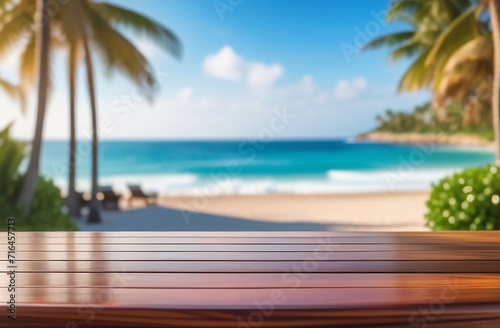 Wooden table overlooking the sea and palm trees.