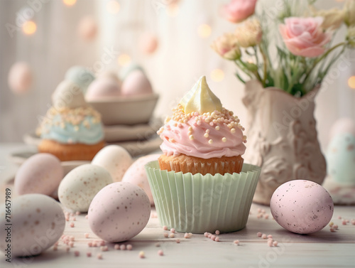 cupcake with Easter eggs and flowers in a vase.