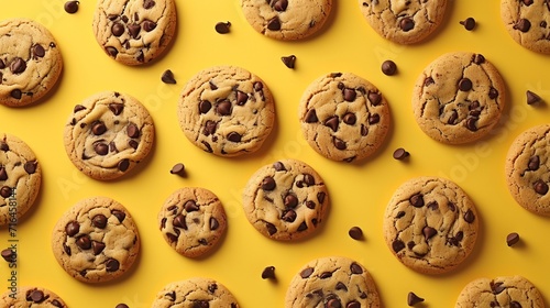 Pattern of chocolate chip cookies scattered on a isolate yellow background