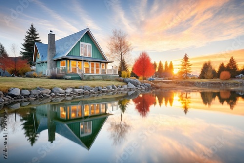 Fotografie, Obraz sunrise reflection on the lake by a secluded cottage