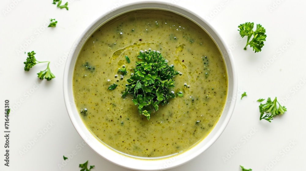 The creamy broccoli soup in white bowl, topped with a generous sprinkle of fresh parsley, on white background, The creamy broccoli soup in white bowl, topped with a generous sprinkle of fresh parsley, on white background,