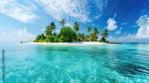 Beautiful tropical island atoll in the ocean. Summer vacation concept