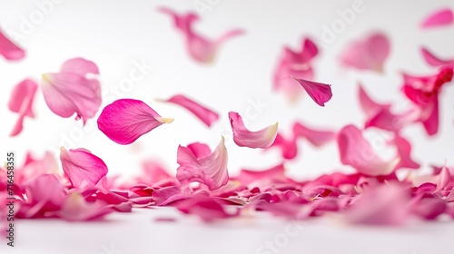Falling fuchsia flower petals on a white background