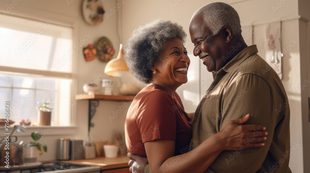 African American retired couple sharing a dance in the kitchen, an embodiment of enduring love and romance. African American retired couple sharing a dance in the kitchen, an embodiment of enduring love and romance.