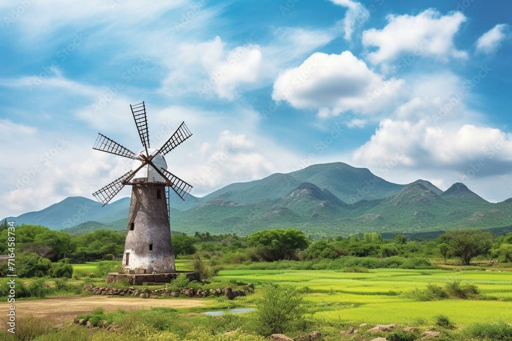 Scenic windmill landscape in Nagercoil, South India, featuring vibrant skies and mountain backdrop. Generative AI
