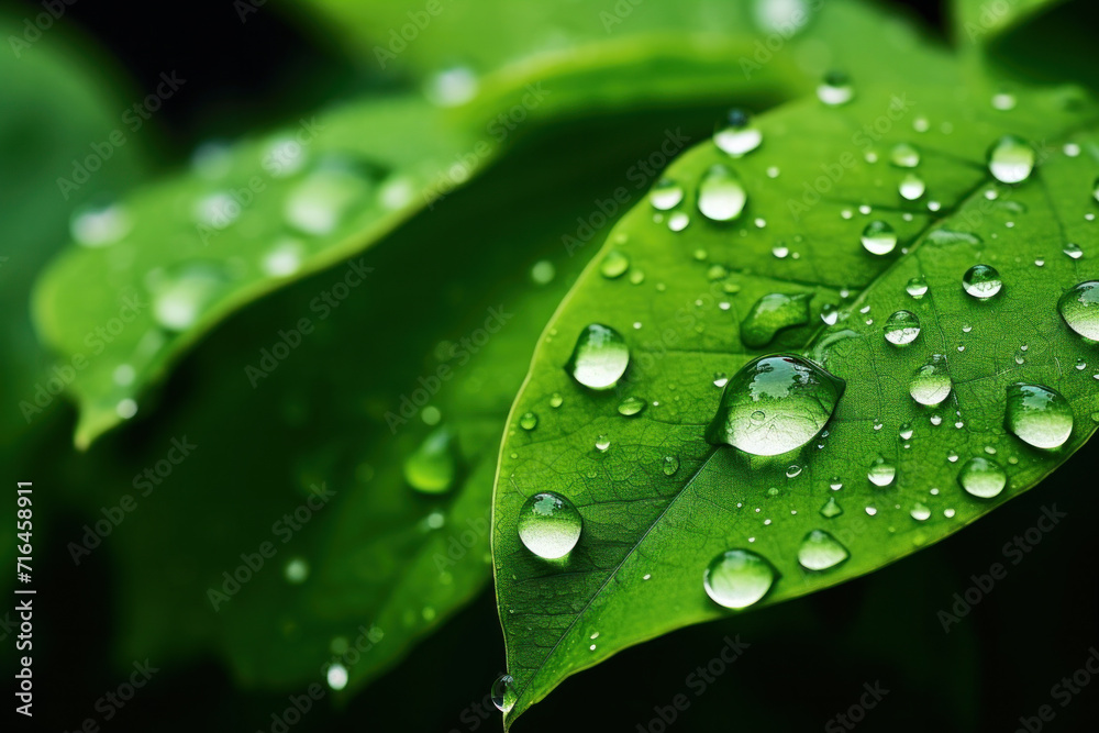 Close-up of large dew or raindrops on a green leaf. Summer forest in morning glow at sun day. Close-up of large dew or raindrops on a green leaf. Summer forest in morning glow at sun day.