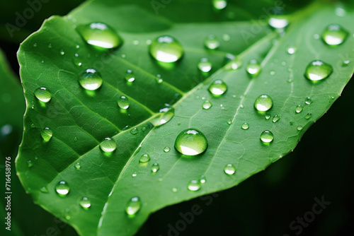 Close-up of large dew or raindrops on a green leaf. Summer forest in morning glow at sun day.