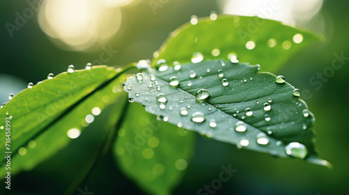 Close-up of large dew or raindrops on a green leaf. Summer forest in morning glow at sun day. © Wararat